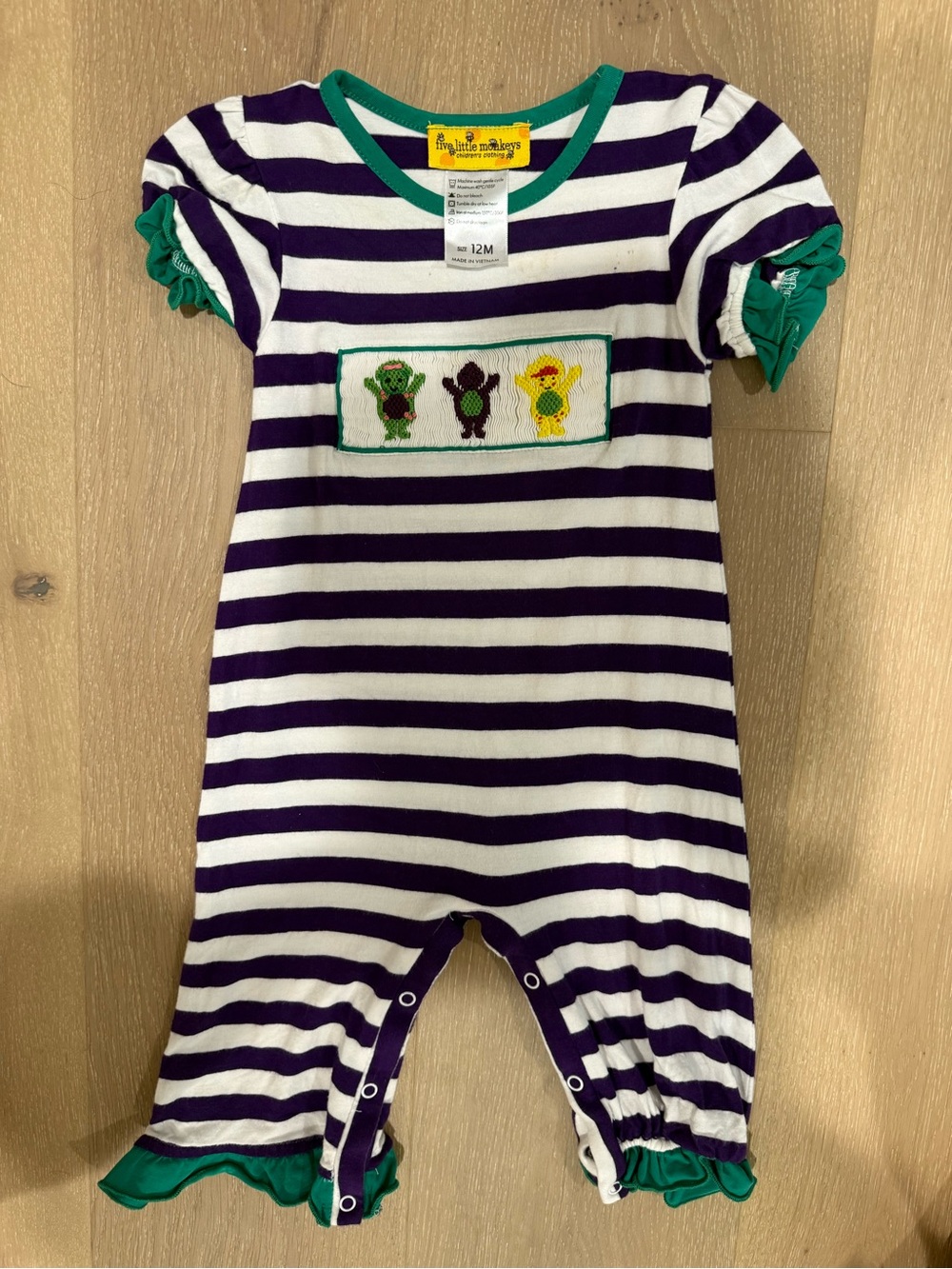 Five Little Monkeys 12M Smocked Character Romper Purple Stripe Ruffle